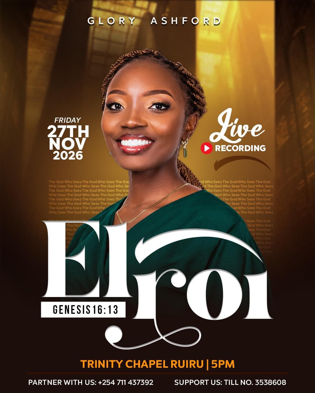 Elroi live recording poster — Glory Ashford at Trinity Chapel Ruiru